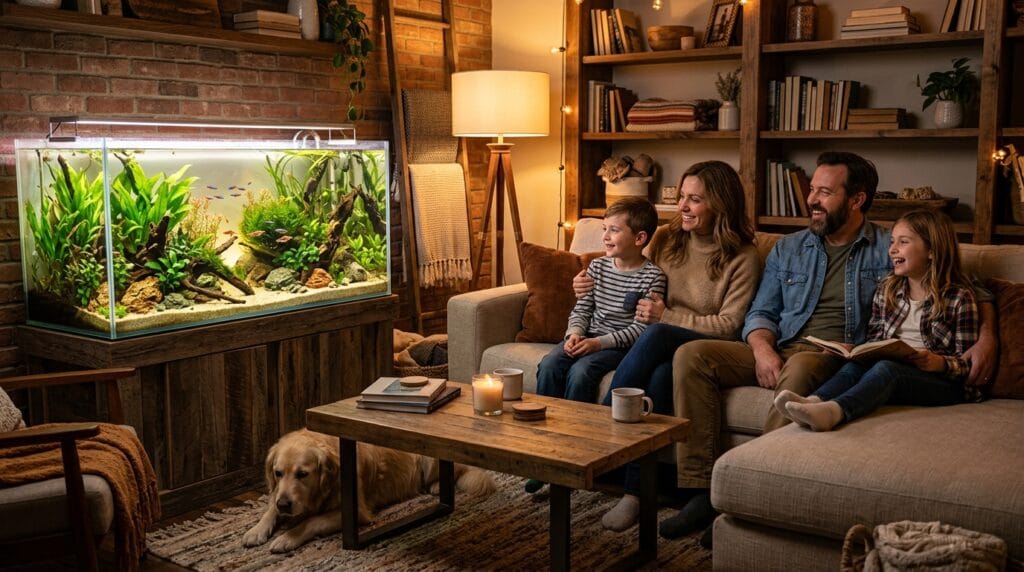 Aquarium lighting ideas showing a warmly lit planted aquarium in a cozy modern home