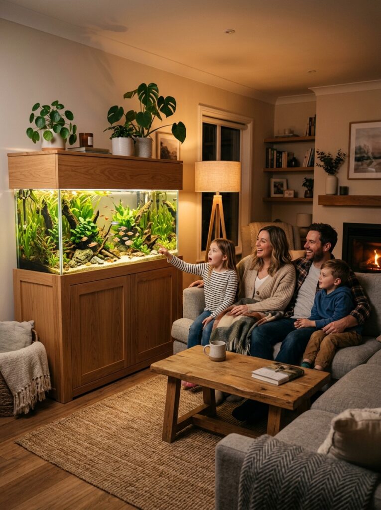 Beautifully illuminated planted aquarium creating a cozy atmosphere in a modern family home