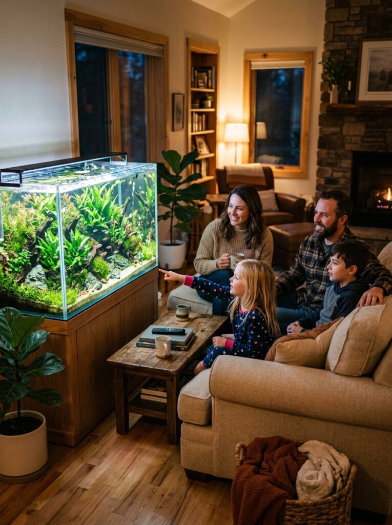 Warmly lit planted aquarium enhancing the mood of a relaxing living room