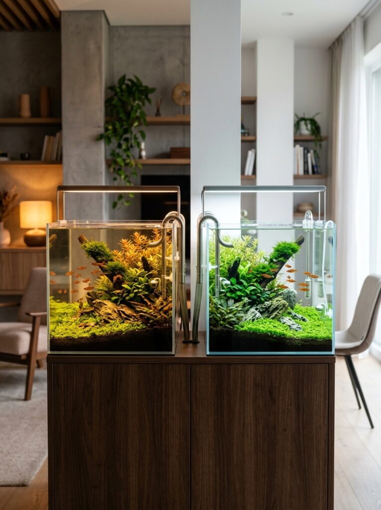 Comparison of warm and cool aquarium lighting styles in modern home interiors