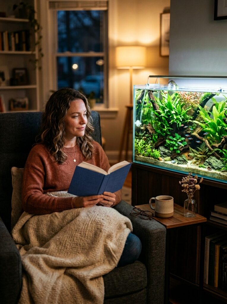 Evening planted aquarium creating a soft relaxing glow inside a cozy room