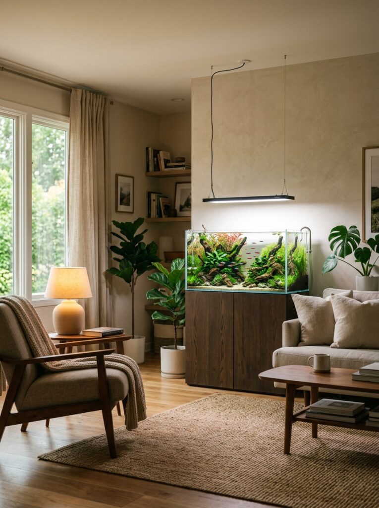 Well-positioned planted aquarium with balanced lighting placement in a modern living room