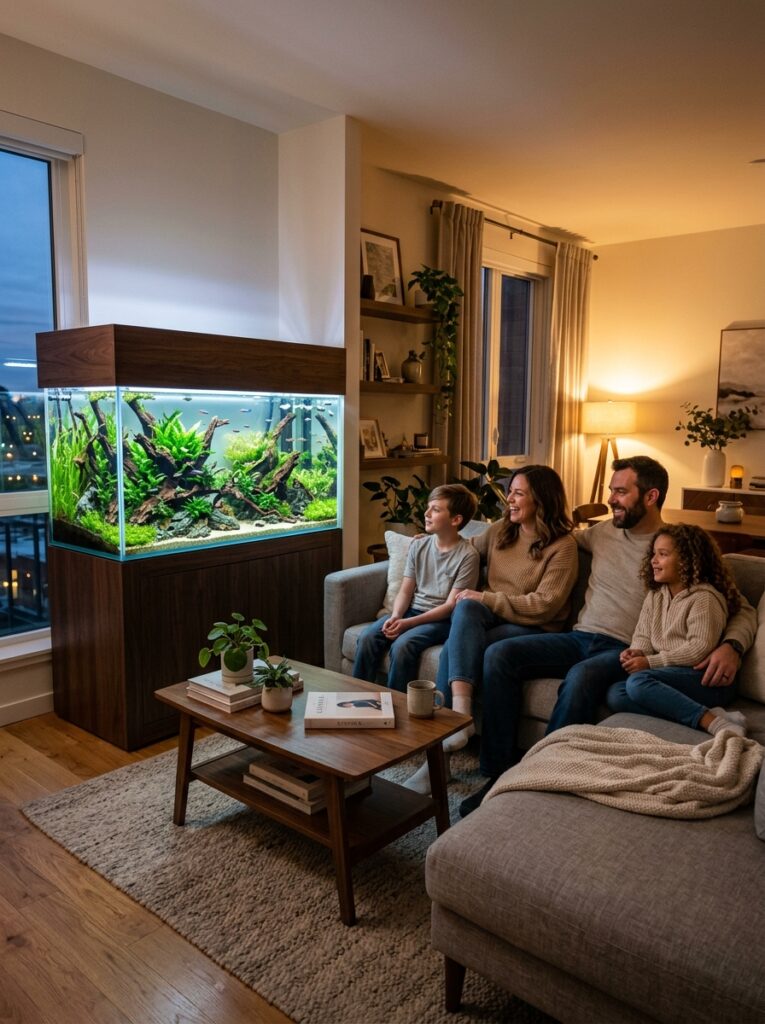Illuminated planted aquarium serving as a calming focal point in a family living room