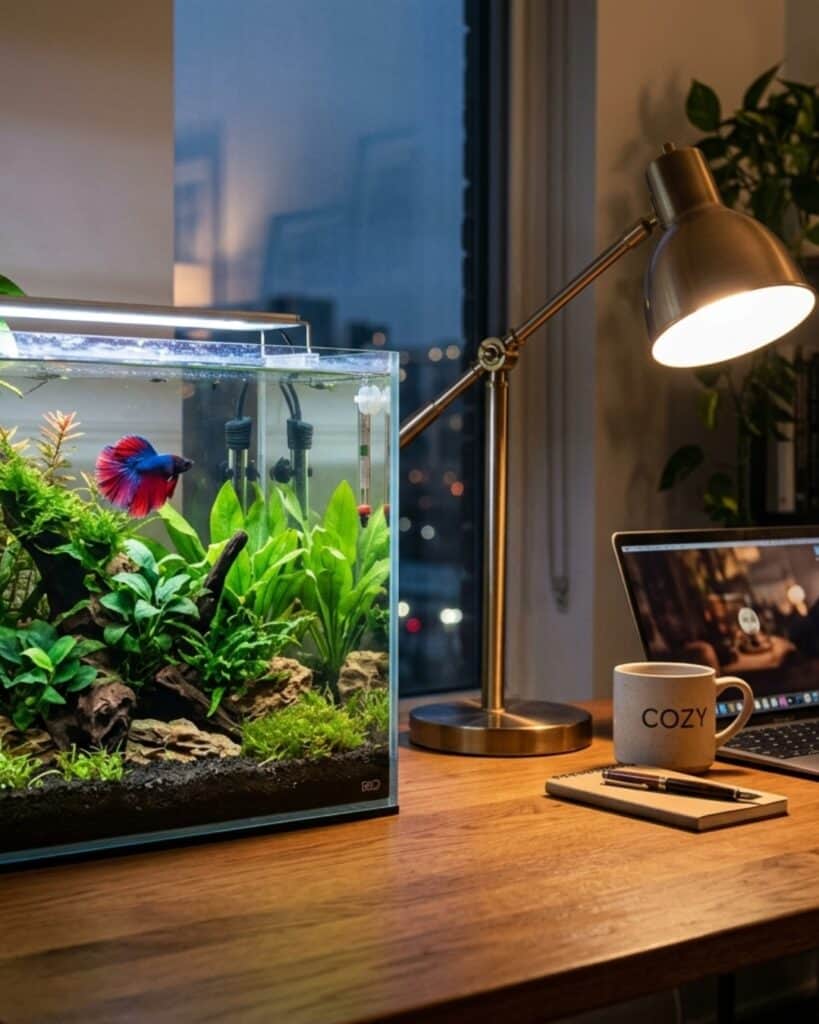 Relaxing desk aquarium setup with a modern betta fish tank