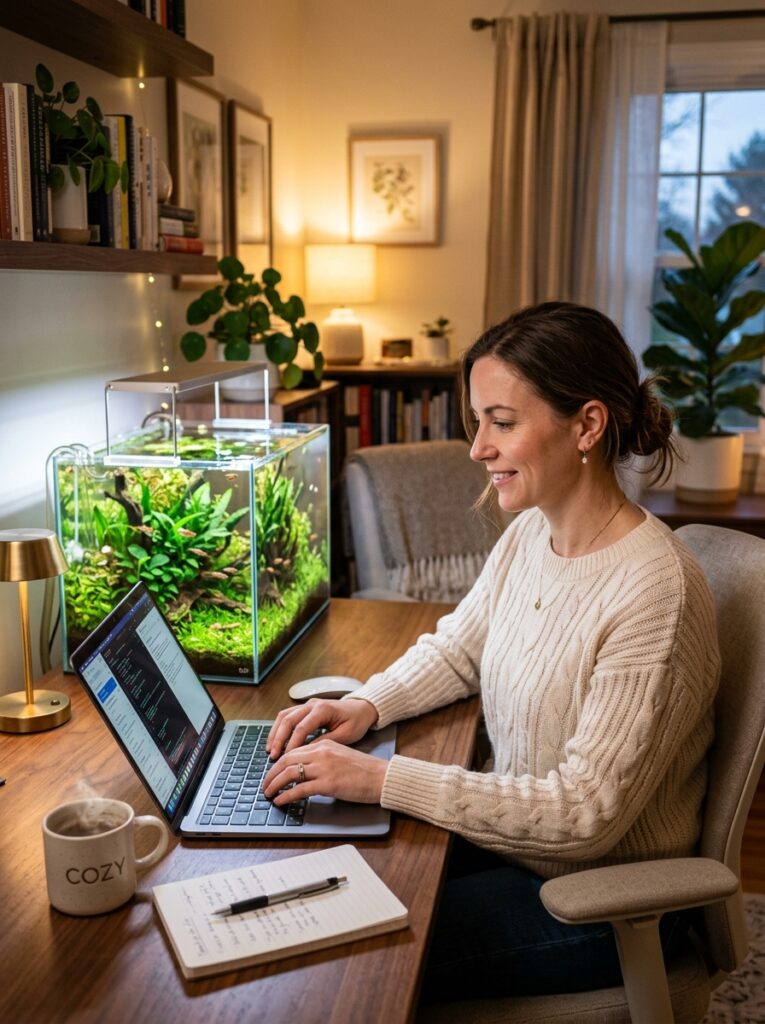 Warmly lit nano aquarium creating a relaxing atmosphere on a modern desk setup