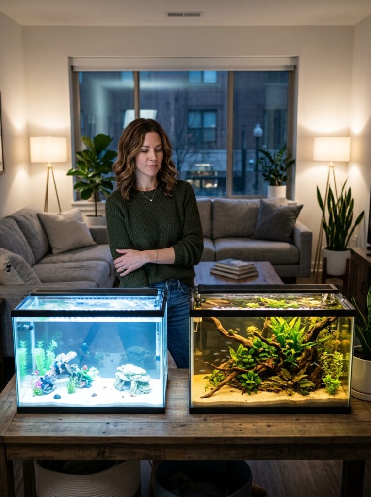 Comparison of poor and balanced aquarium lighting showing differences in room atmosphere
