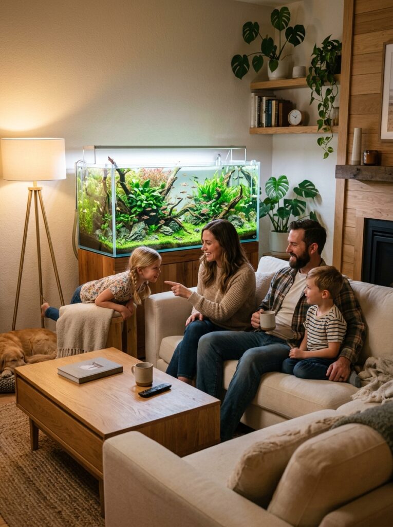 Cozy modern home centered around a beautifully illuminated planted aquarium