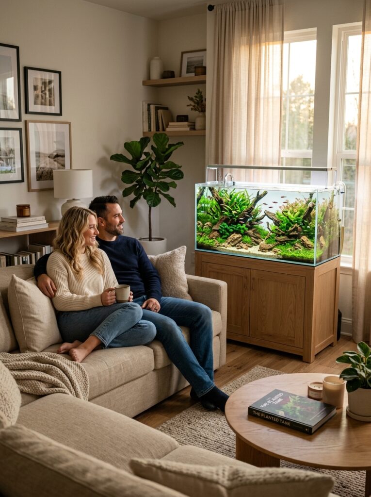 Modern living room with planted aquarium as calm focal point in cozy home