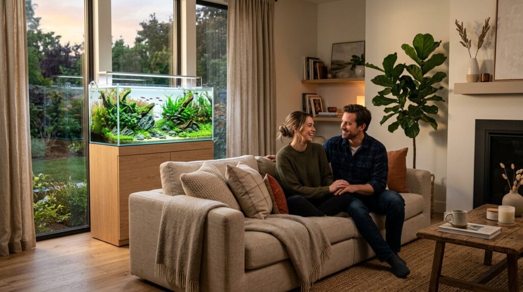 Modern living room with planted aquarium as calm focal point in cozy home
