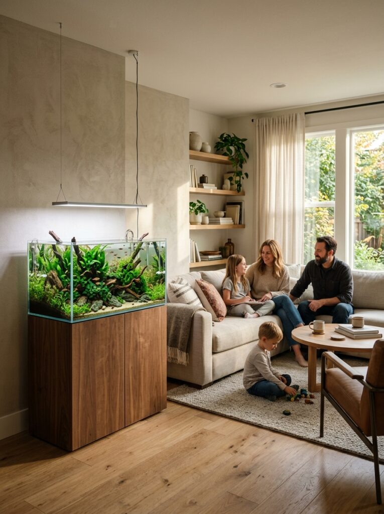 Living room aquarium creating calm natural focal point in modern interior