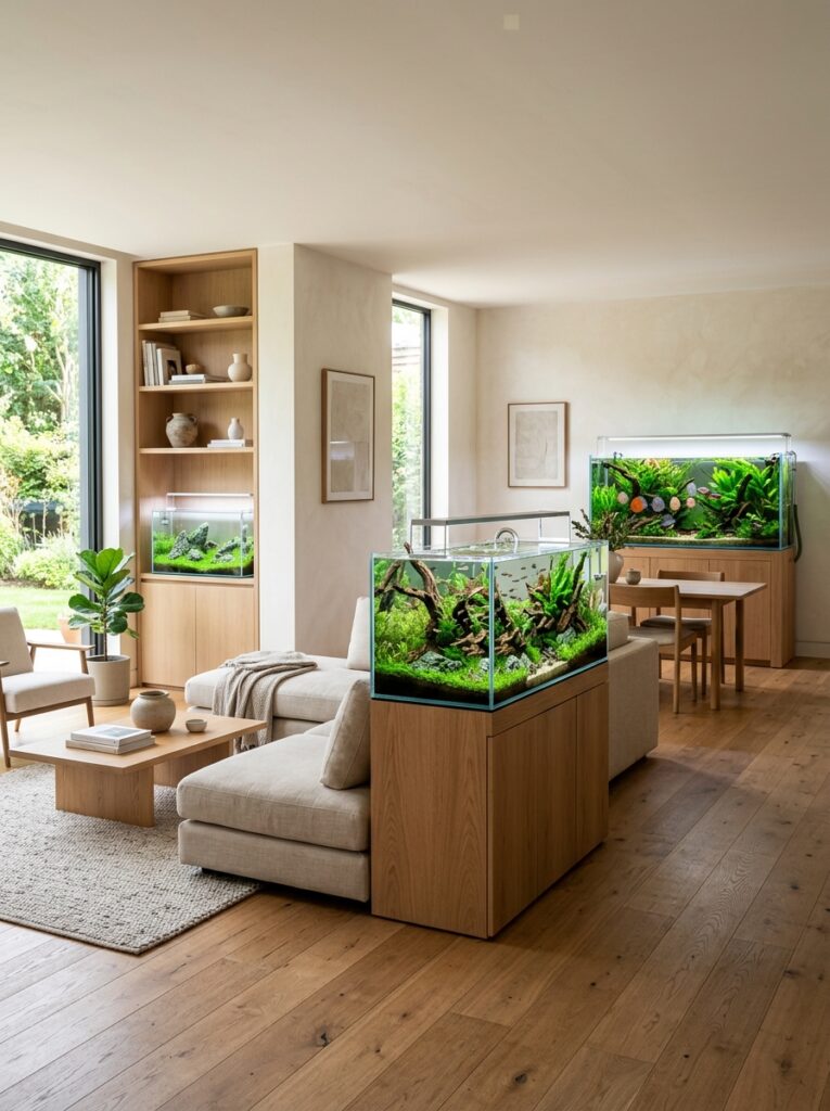 Different aquarium sizes placed in living room layouts showing balance