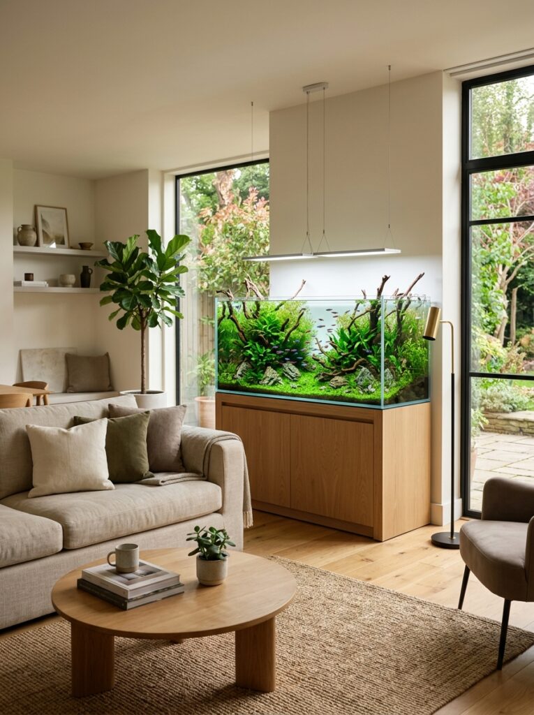Planted aquarium used as natural focal point in modern living room decor