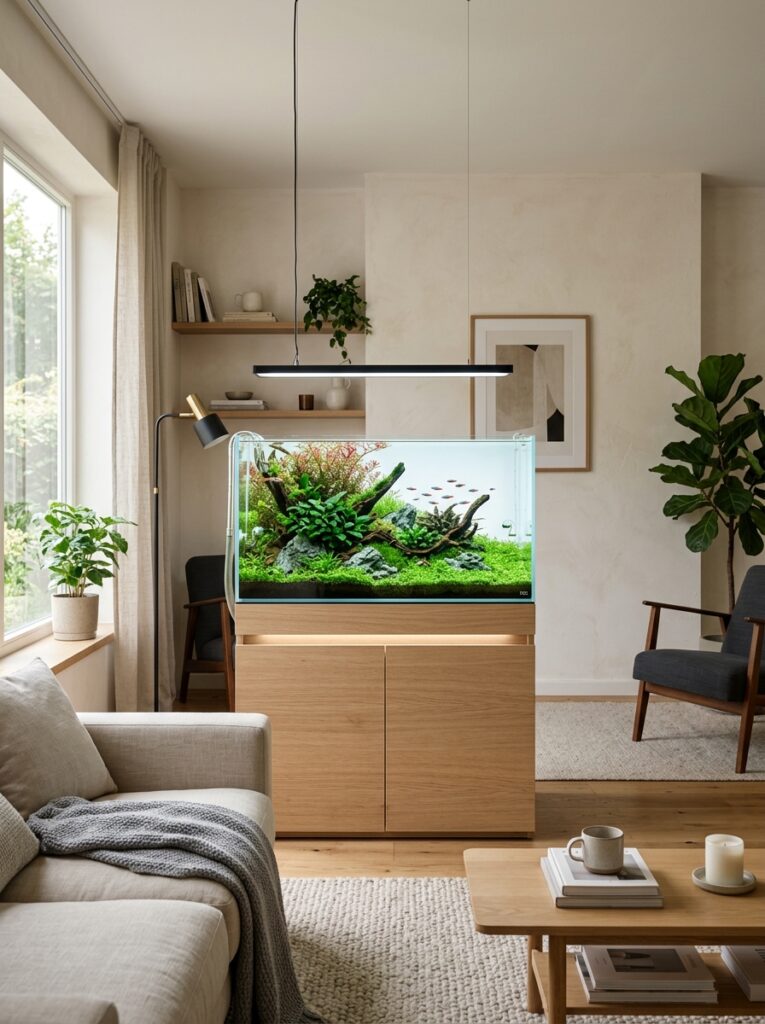 Aquarium stand blending with modern wooden living room furniture
