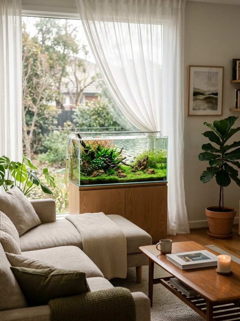 Aquarium near window with soft natural light in cozy living room