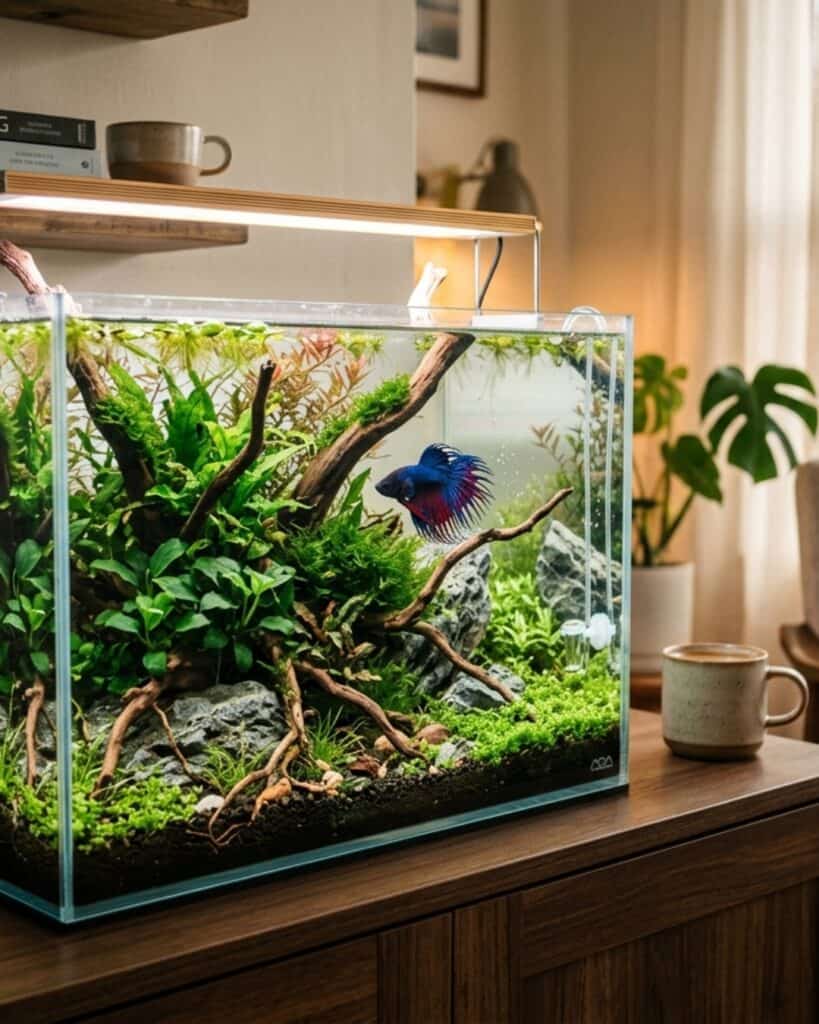 Small planted betta tank with natural aquascaping