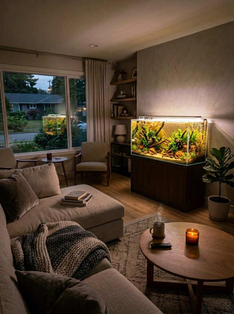 Evening aquarium lighting creating warm relaxing home atmosphere