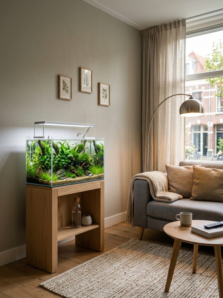 Small apartment living room with compact planted aquarium setup
