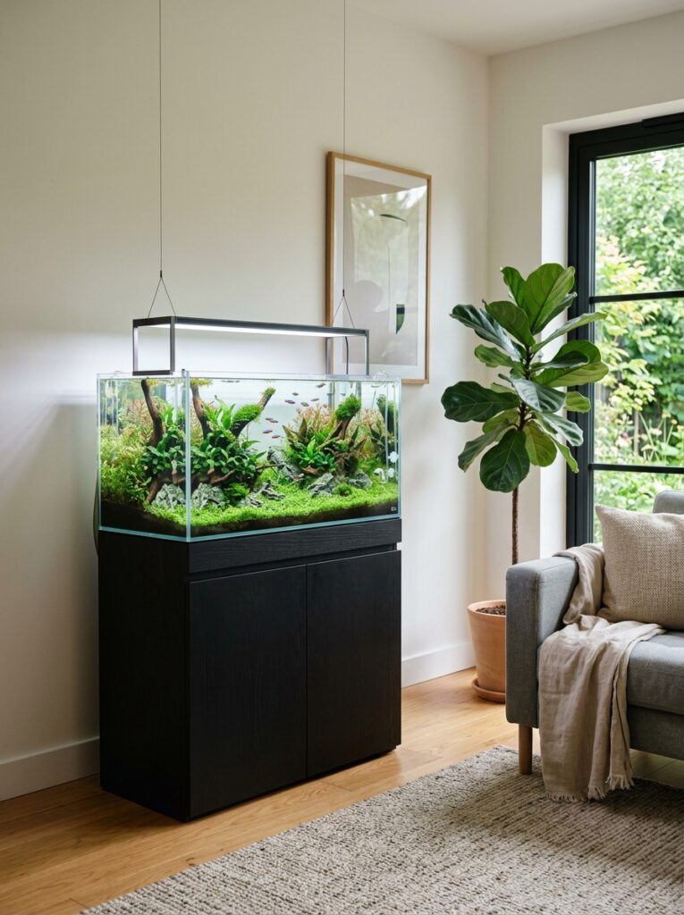 Clean uncluttered aquarium area in modern minimalist living room