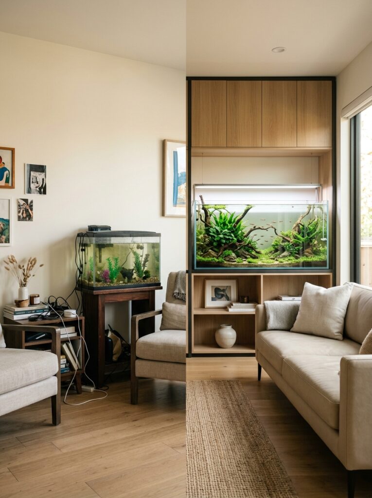 Comparison of good and poor aquarium placement in living room