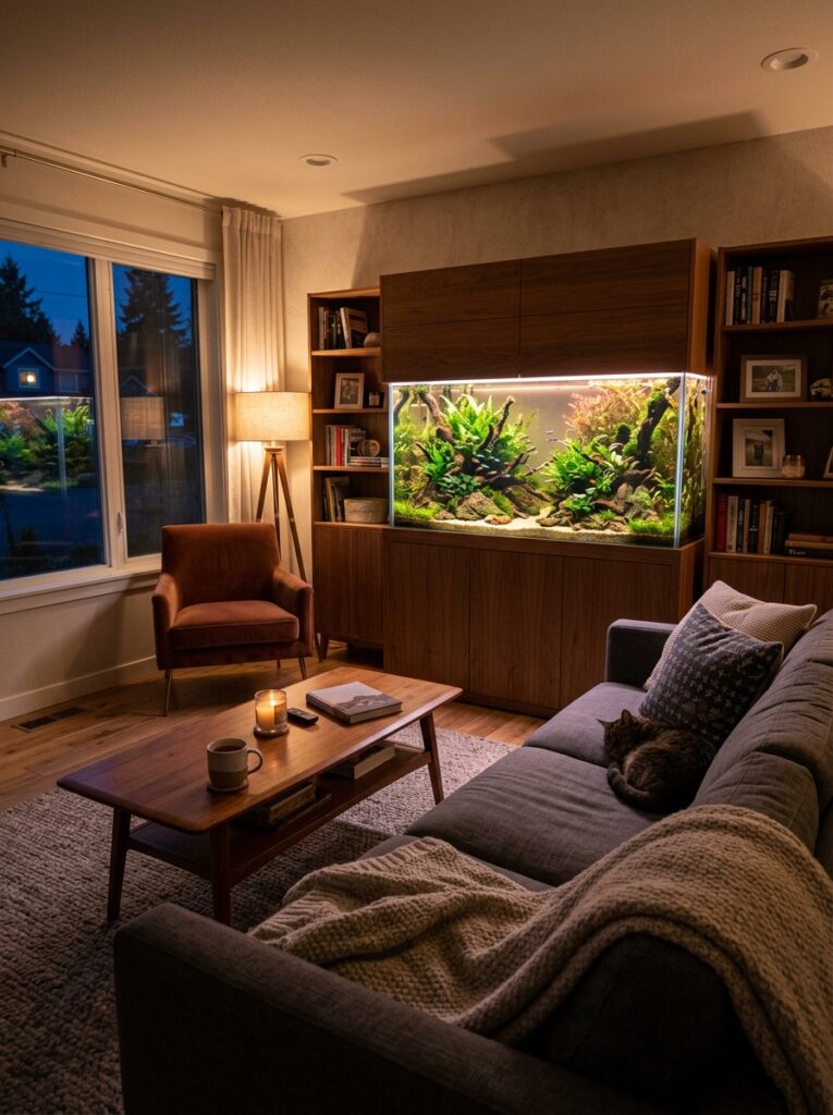 Cozy living room with softly glowing aquarium at night