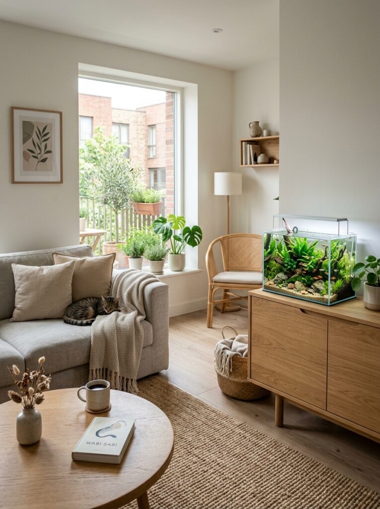 Thoughtfully placed planted aquarium in a small apartment living space