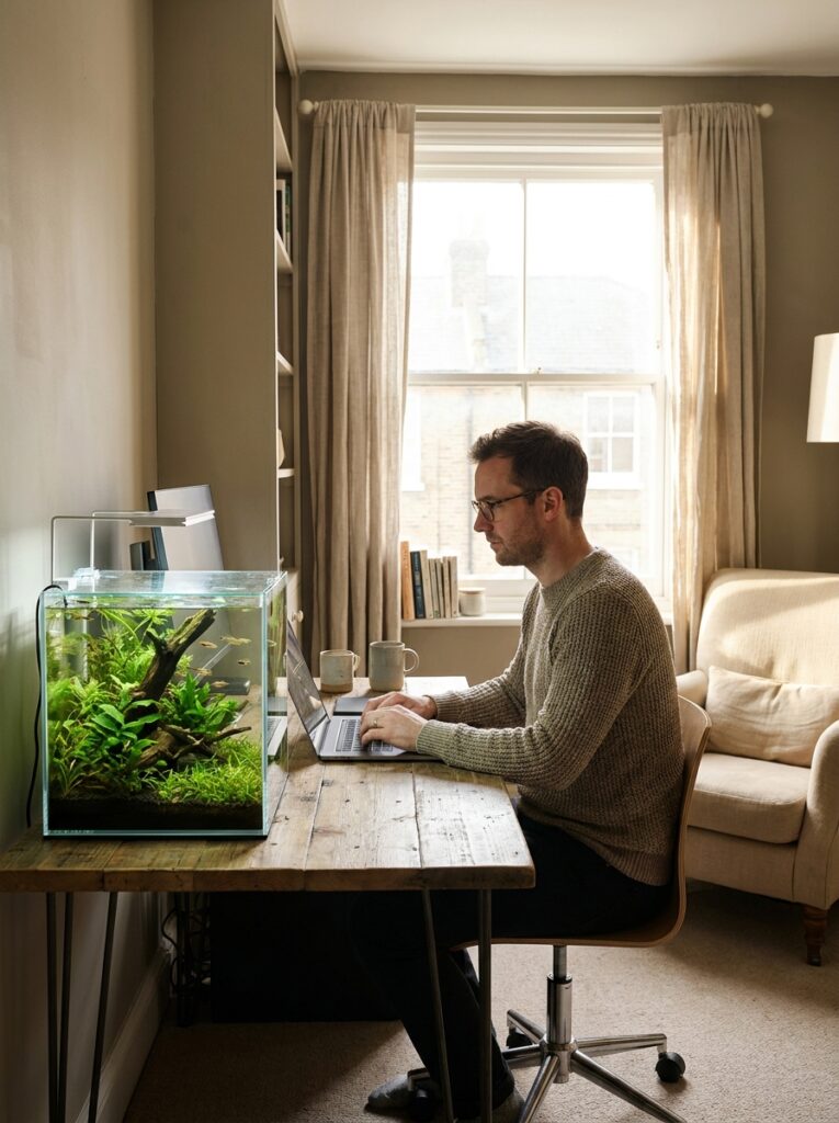 ompact planted aquarium on a home office desk in a small apartment