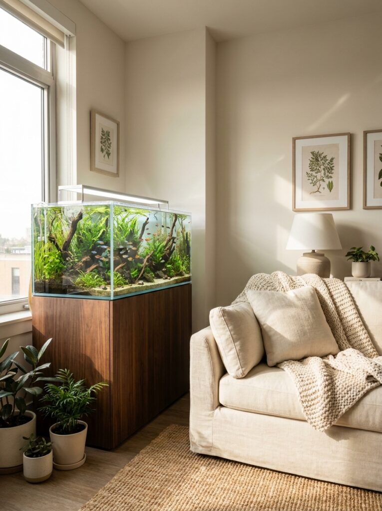 Planted aquarium positioned in an unused living room corner