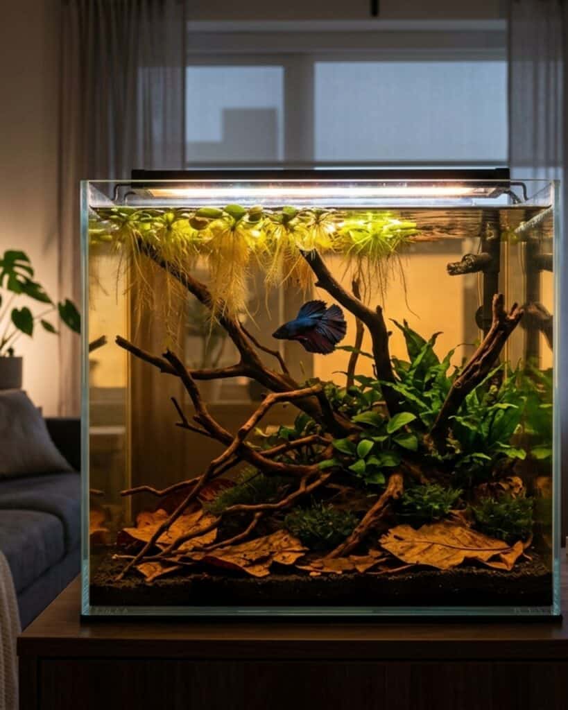 Elegant blackwater betta aquarium with warm ambient lighting