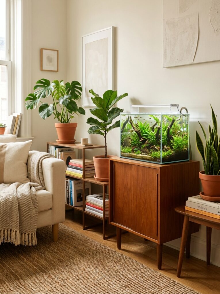  Small aquarium displayed on a wooden side cabinet in a cozy apartment