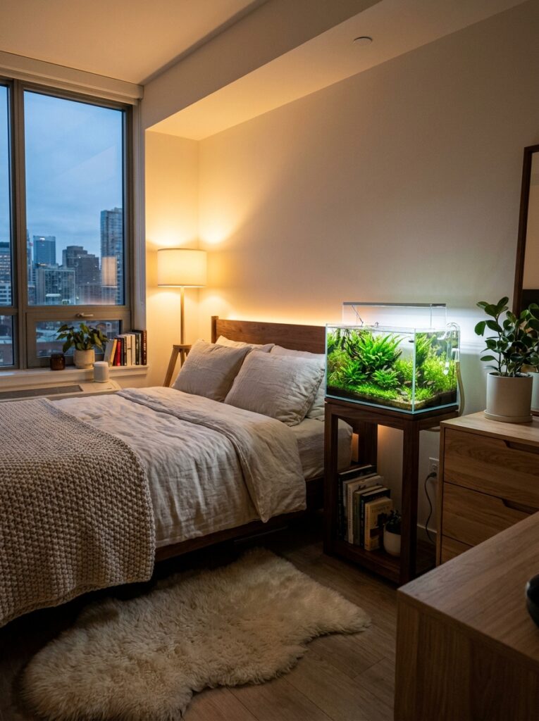 Relaxing bedroom aquarium setup with planted tank and warm lighting