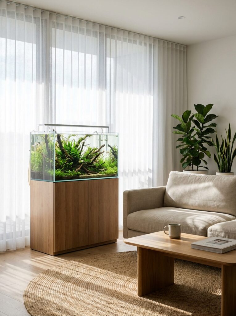 Aquarium near a bright window with soft filtered natural daylight