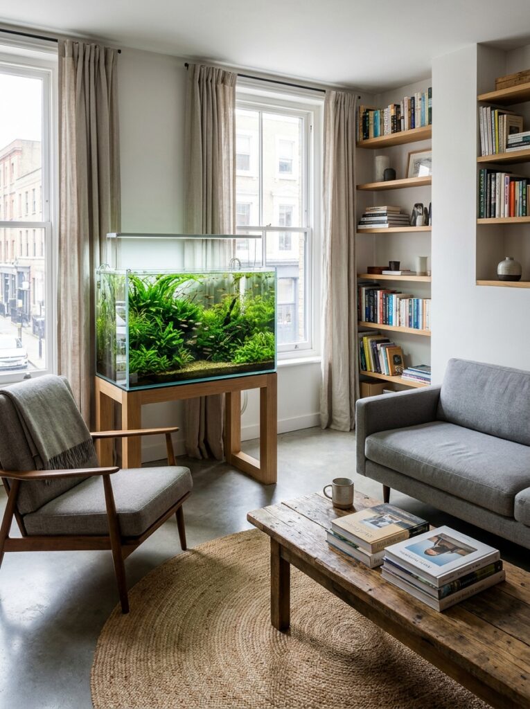 Clean and organized aquarium placement in a small apartment