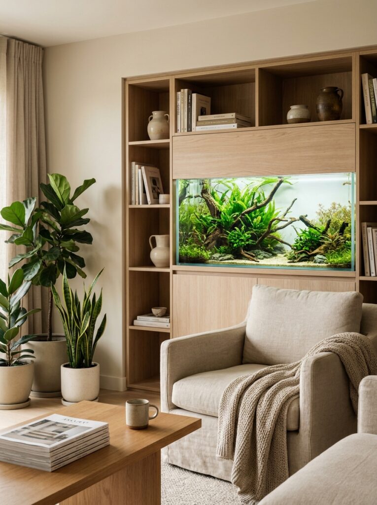 Planted aquarium integrated into a cohesive apartment interior design
