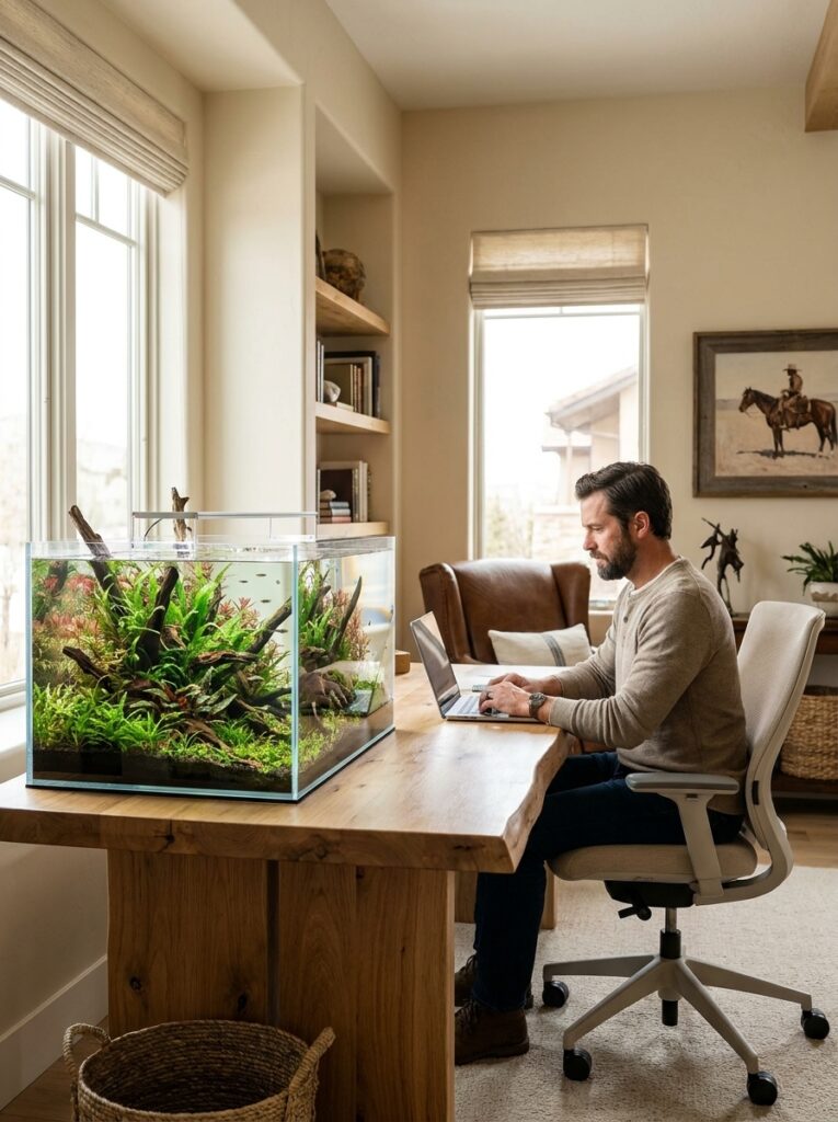 Modern home office with planted aquarium creating a calm workspace