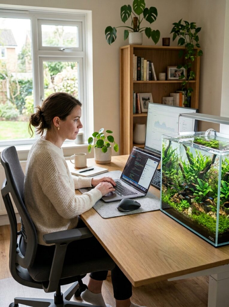 Home office aquarium beside a workspace with natural daylight