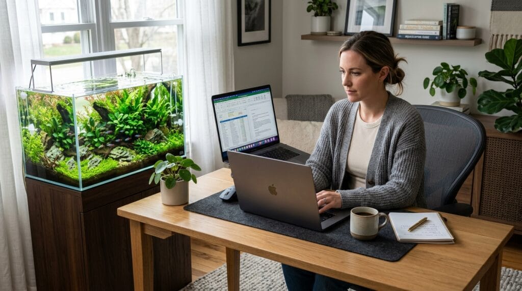 Modern home office with planted aquarium creating a calm workspace