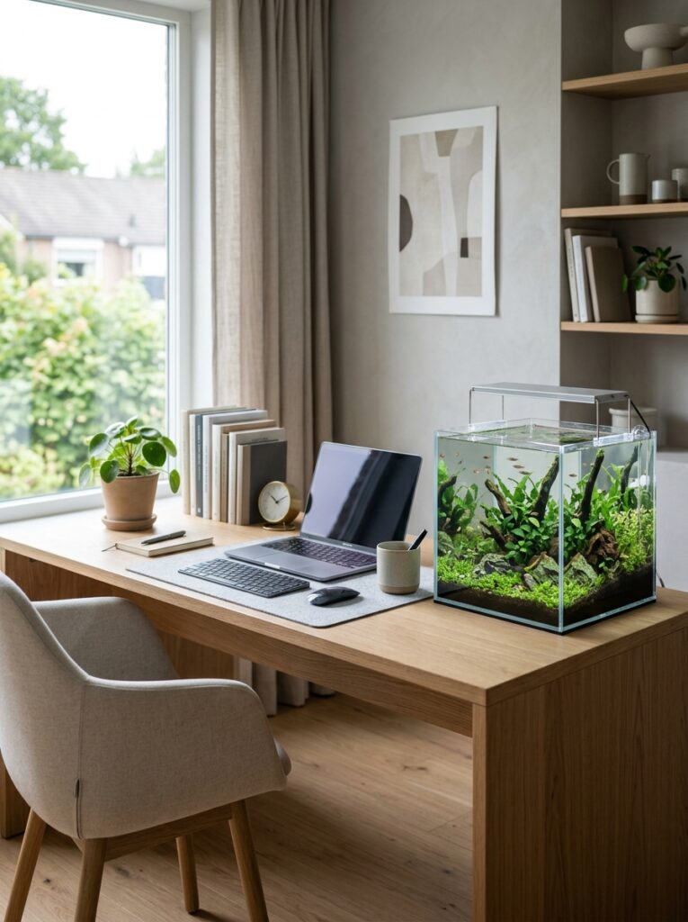 Different aquarium sizes integrated into a modern home office
