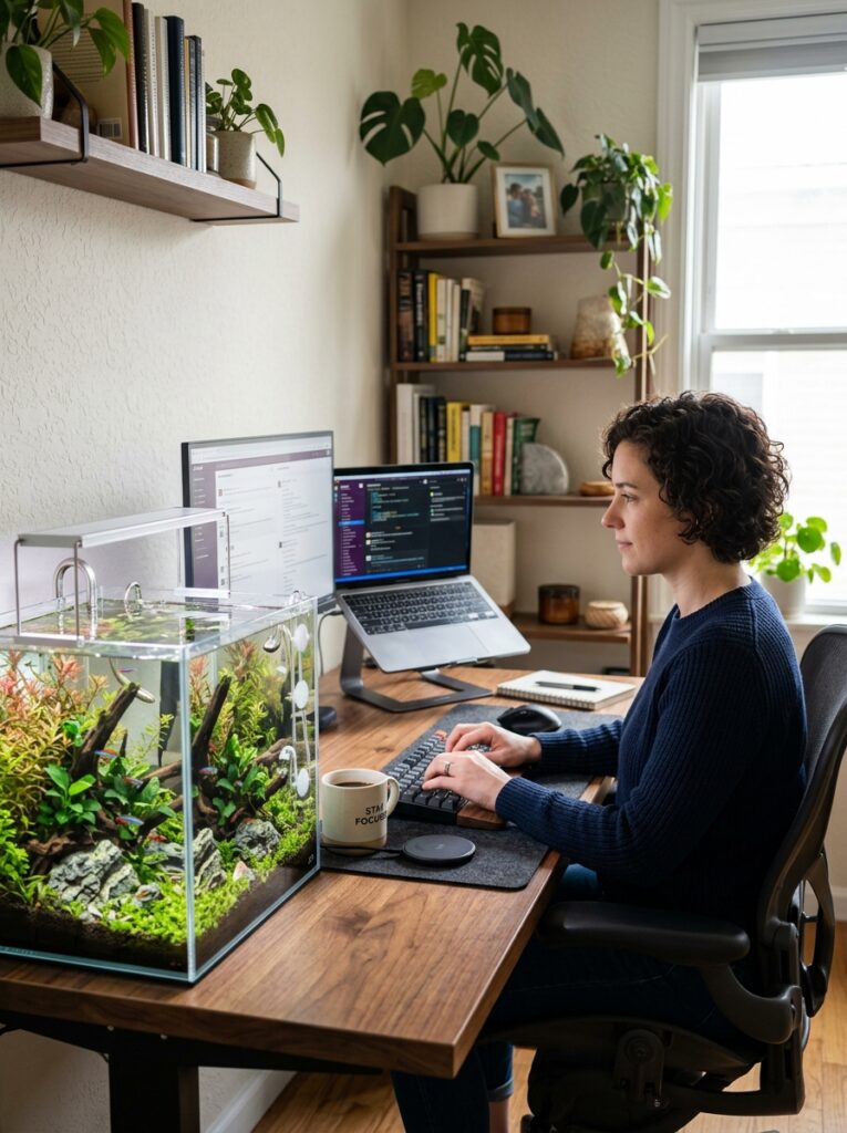 Compact planted aquarium placed on a home office desk