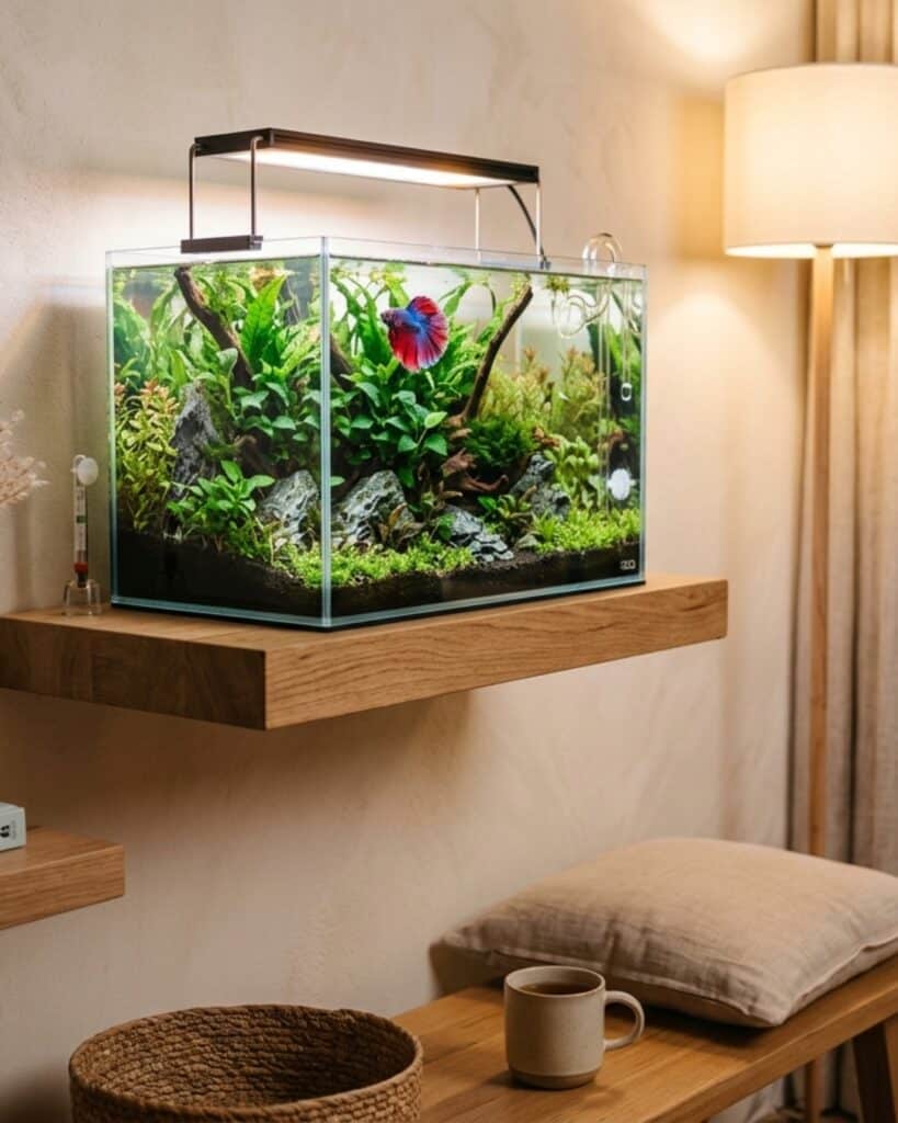Floating shelf nano aquarium in a cozy modern apartment