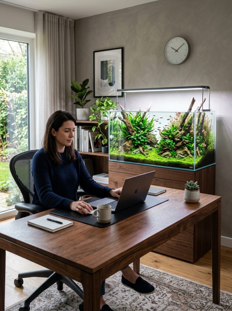 Planted aquarium positioned behind a desk as a natural focal point