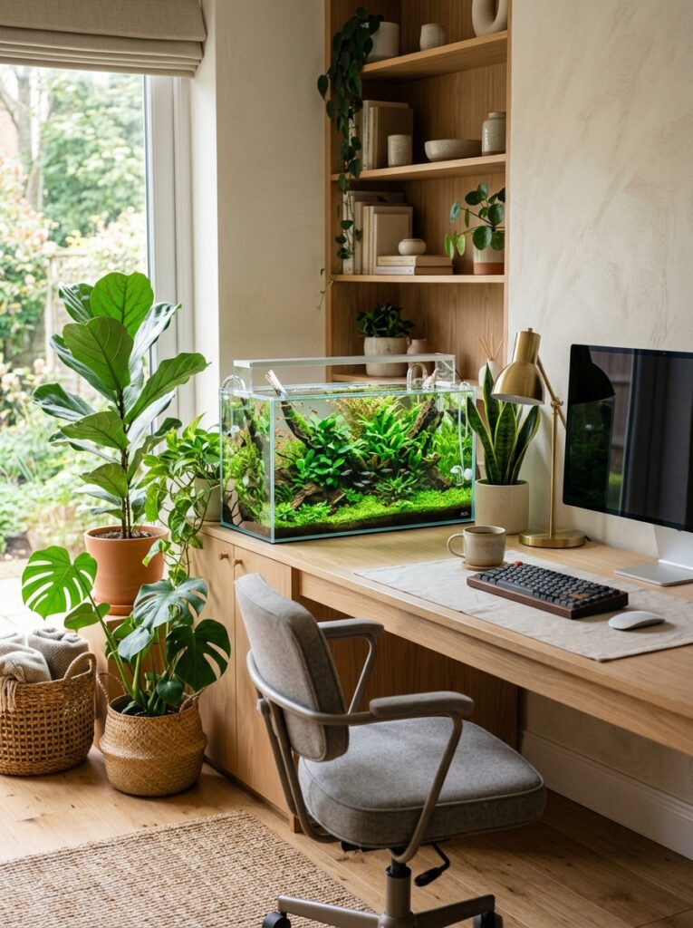 Home office combining houseplants and a planted aquarium