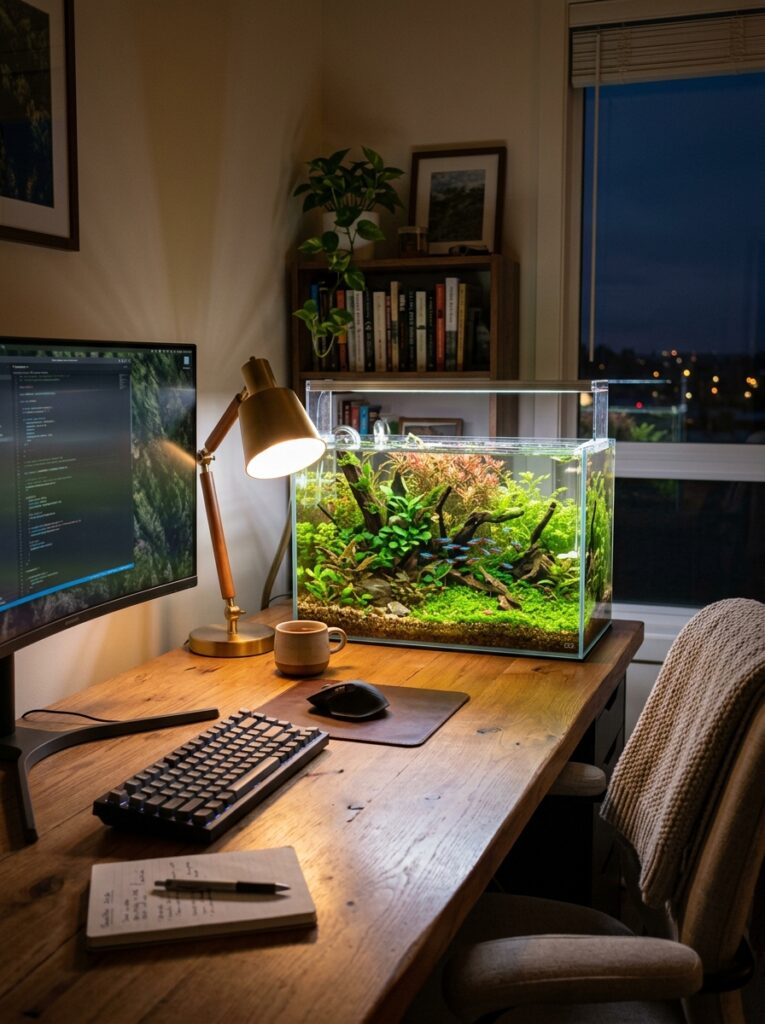 Evening home office with softly illuminated aquarium and warm lighting