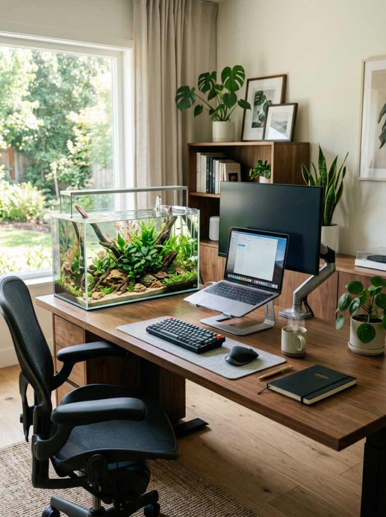 Organized workspace featuring a clean planted aquarium setup