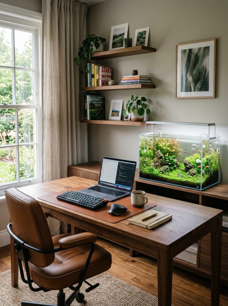 Balanced home office aquarium integrated naturally into the room