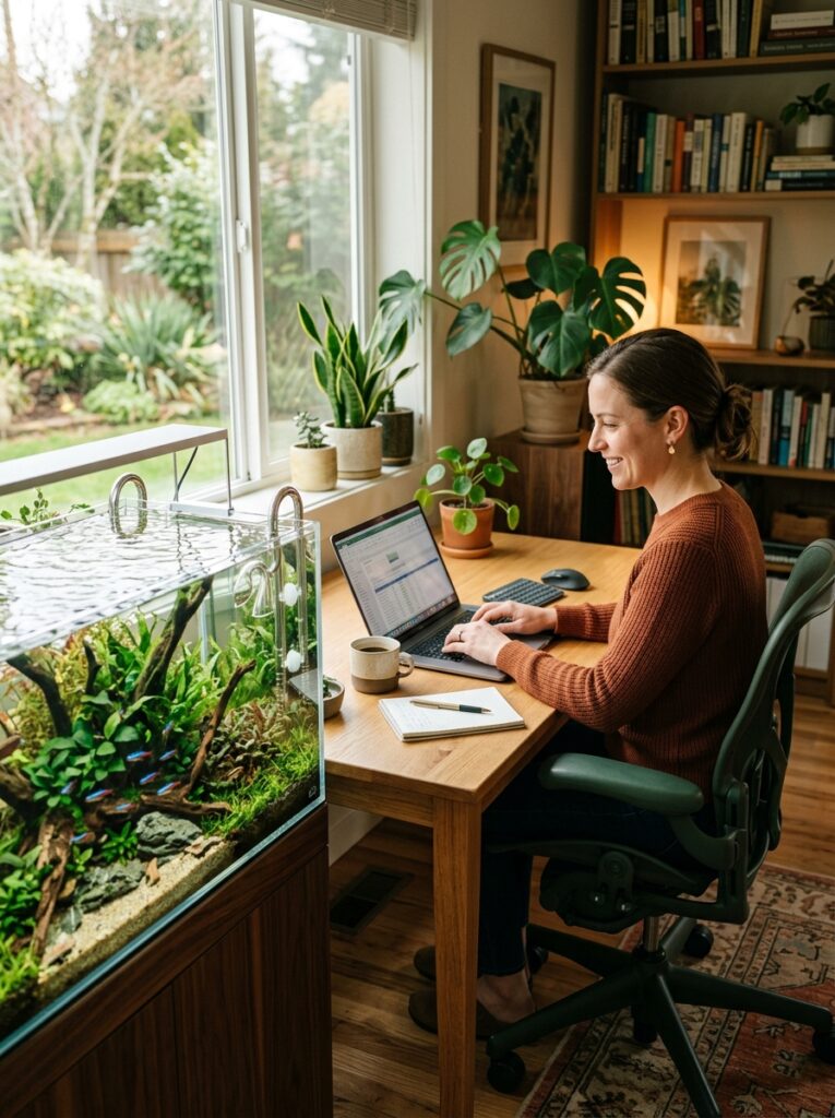 Cozy work-from-home office with a relaxing planted aquarium