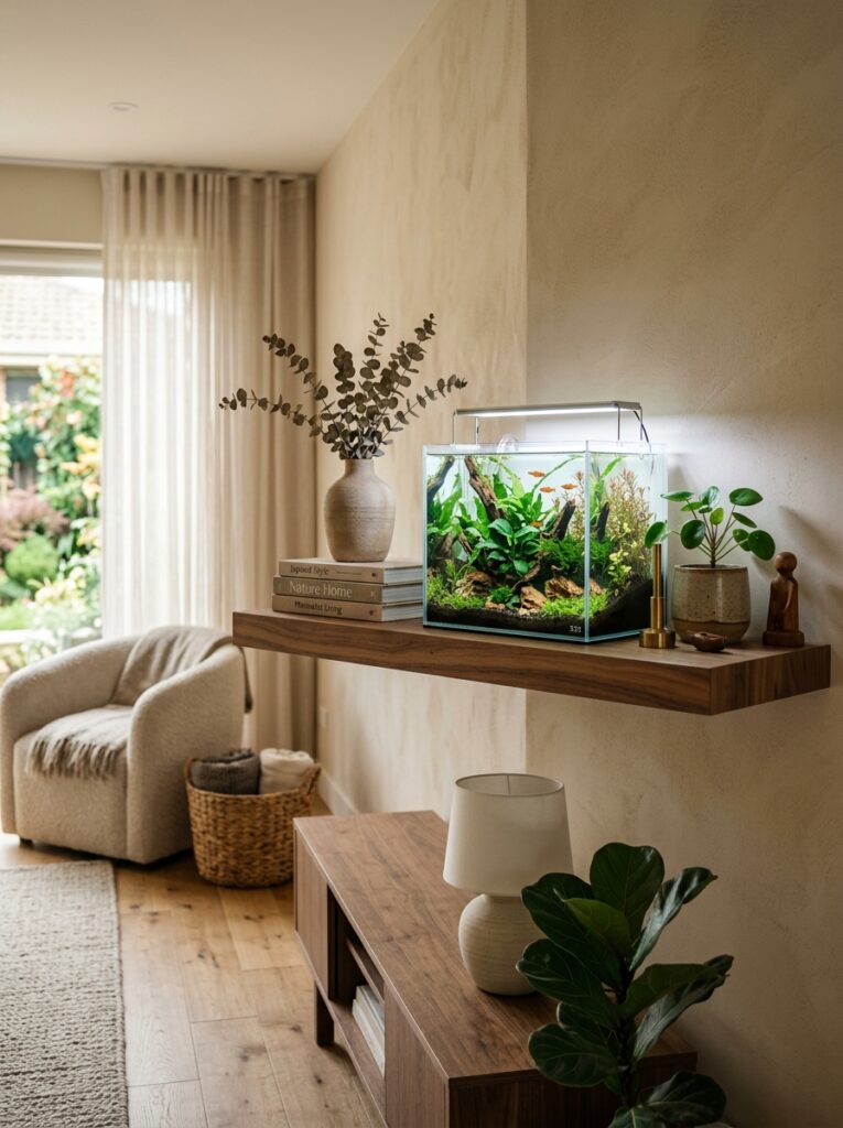 Small planted aquarium styled beautifully on a modern floating shelf