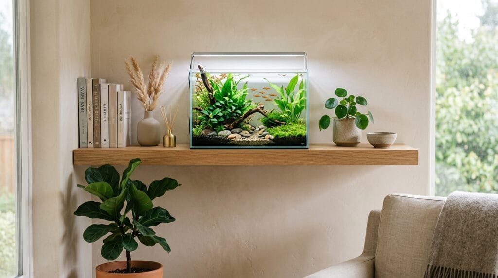 Small planted aquarium styled beautifully on a modern floating shelf