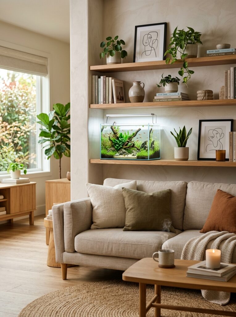 Aquarium integrated naturally into a decorative shelf display