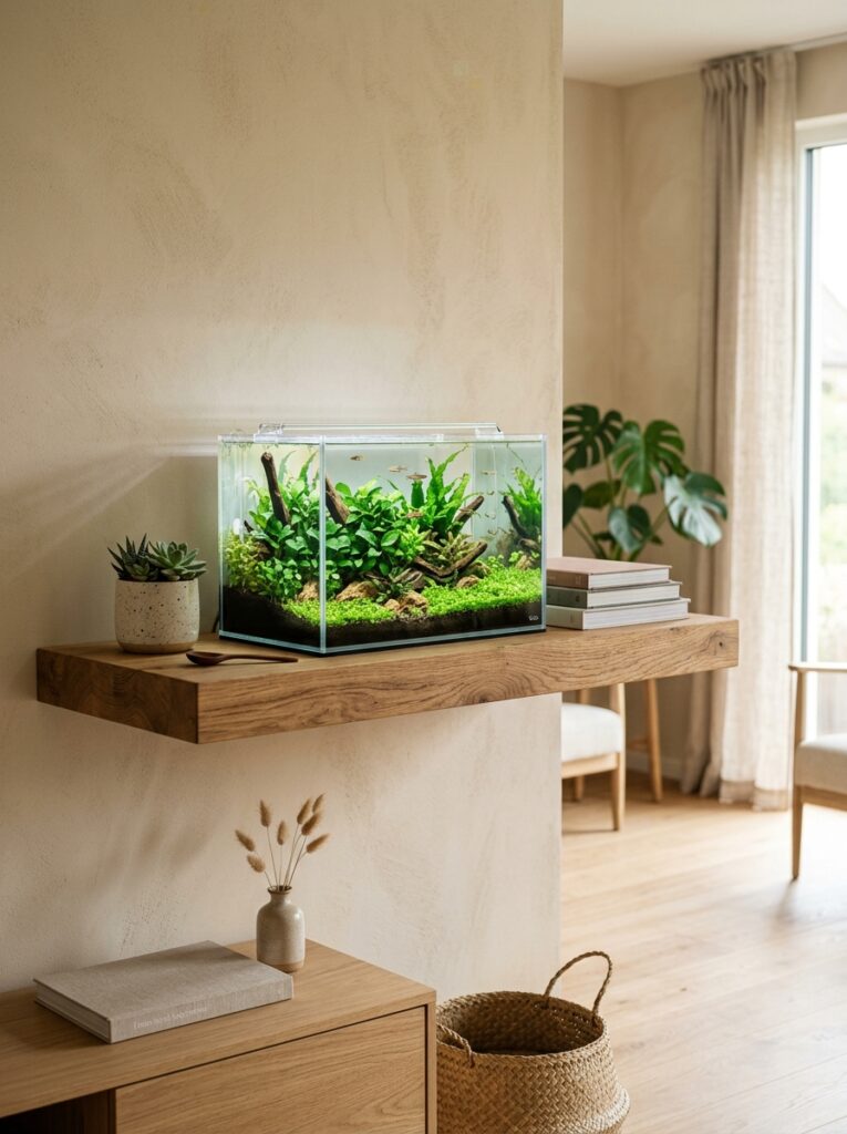 Small planted aquarium placed on a sturdy wooden shelf