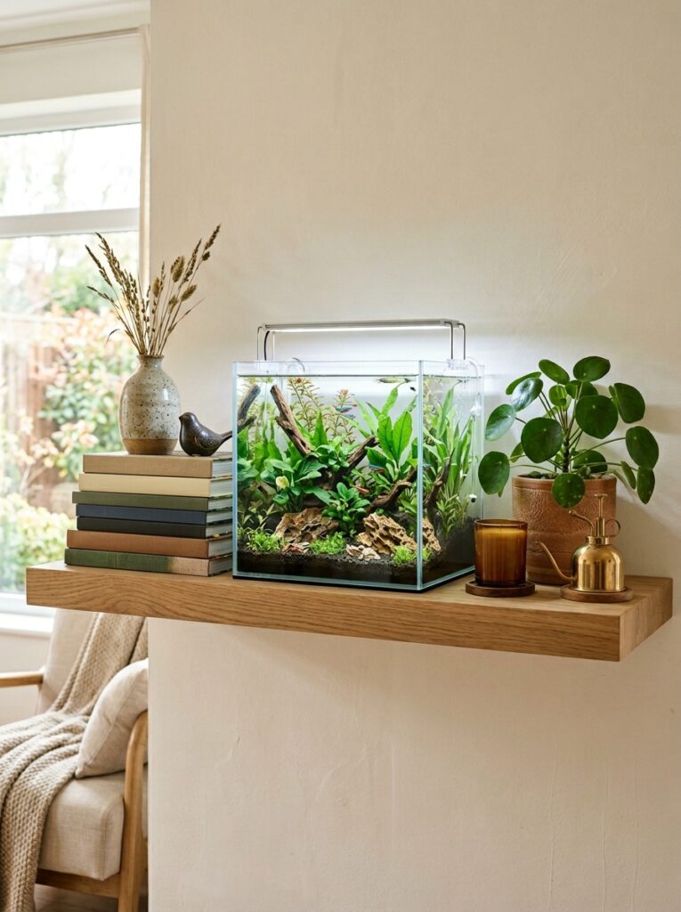 Balanced shelf styling with aquarium, books and decor
